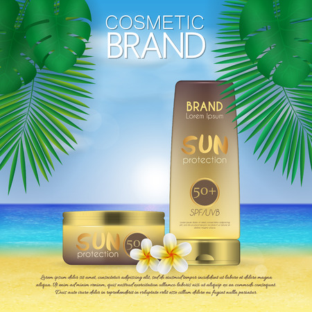 Summer sunblock cosmetic design template on beach background with exotic palm leaves. 3D realistic sun protection and sunscreen product adsのイラスト素材
