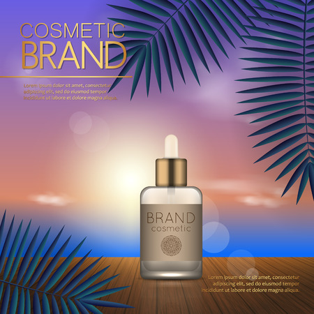 Summer cosmetic template on the sunset beach with exotic palm leaves background. Realistic 3D designのイラスト素材