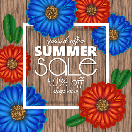 Summer sale banner, poster template with realistic 3d flowers on wood backgroundのイラスト素材