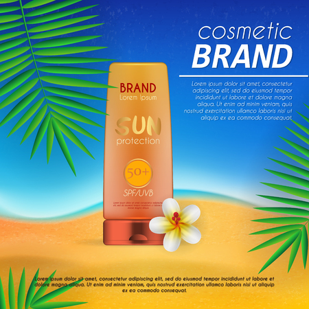Summer sunblock cosmetic design template on beach background with exotic palm leaves. Realistic sun protection and sunscreen product adsのイラスト素材