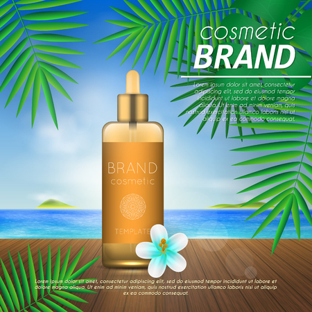 Summer sunblock cosmetic design template on beach background with exotic palm leaves. 3D realistic sun protection and sunscreen product adsのイラスト素材