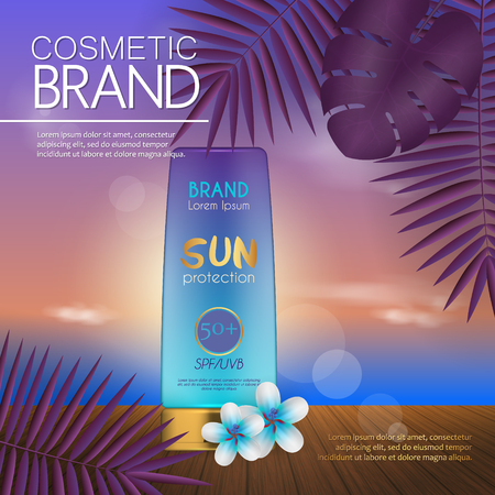 Summer cosmetic template on the sunset beach with exotic palm leaves background. Realistic 3D designのイラスト素材