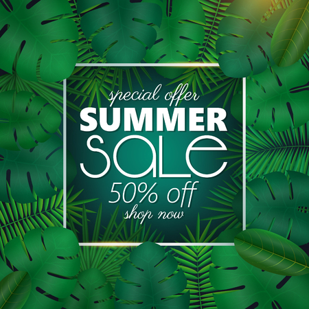 Summer sale banner, poster template with palm leaves and jungle leaf . Floral tropical summer backgroundのイラスト素材