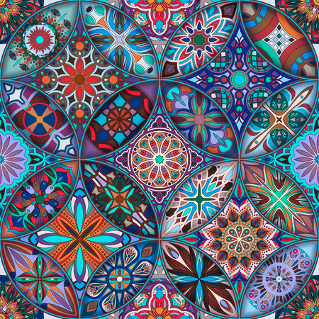 Ethnic floral mandala seamless pattern. Colorful mosaic backgroundのイラスト素材