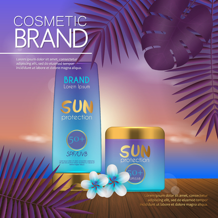 Summer cosmetic template on the sunset beach with exotic palm leaves background. Realistic 3D designのイラスト素材