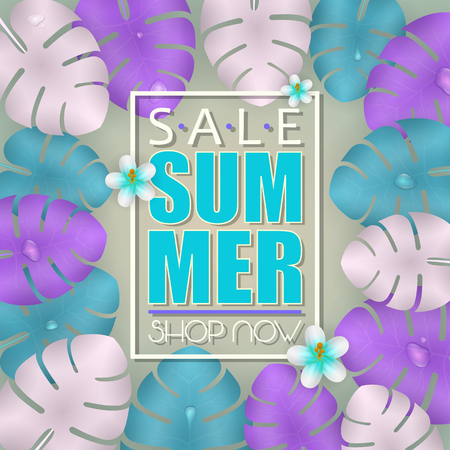 Summer sale banner, poster template with colorful 3d realistic palm leaves and flowers backgroundのイラスト素材