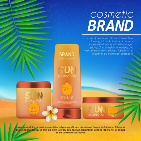 Summer sunblock cosmetic design template on beach background with exotic palm leaves. Realistic sun protection and sunscreen product adsのイラスト素材