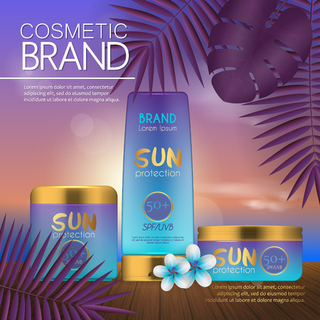 Summer cosmetic template on the sunset beach with exotic palm leaves background. Realistic 3D designのイラスト素材