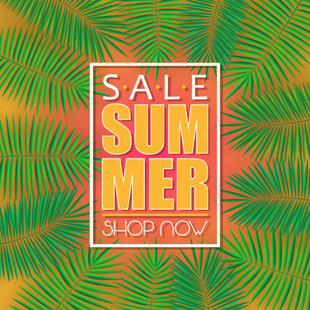 Summer sale banner, poster template with palm leaves and jungle leaf . Jungle tropical summer backgroundのイラスト素材