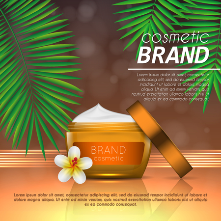 Summer sunblock cosmetic design template on abstract orange background with exotic palm leaves. Realistic sun protection and sunscreen product adsのイラスト素材
