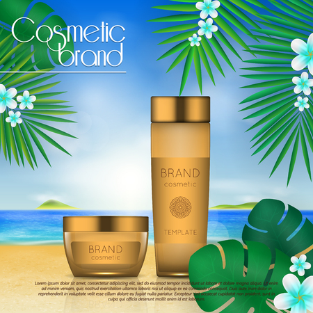 Summer sunblock cosmetic design template on beach background with exotic palm leaves. 3D realistic sun protection and sunscreen product adsのイラスト素材