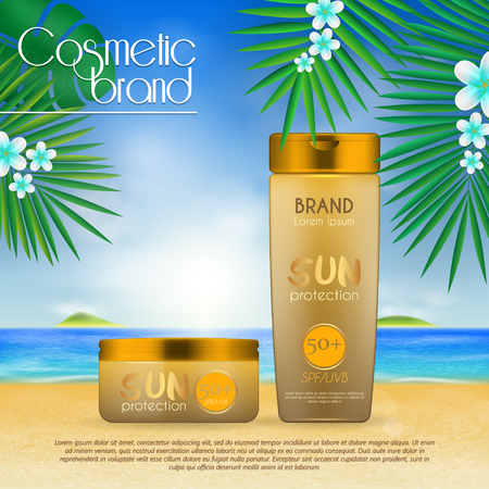Summer sunblock cosmetic design template on beach background with exotic palm leaves. 3D realistic sun protection and sunscreen product adsのイラスト素材