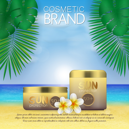Summer sunblock cosmetic design template on beach background with exotic palm leaves. 3D realistic sun protection and sunscreen product adsのイラスト素材