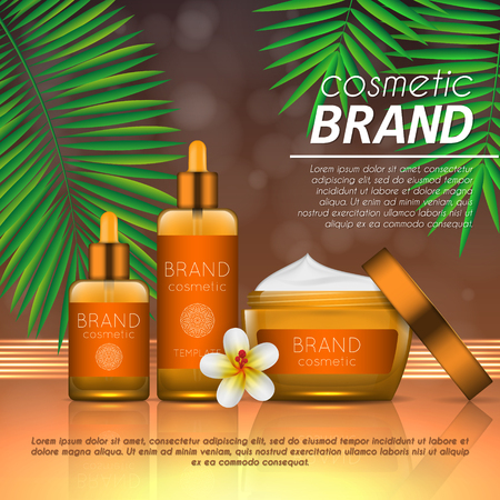 Summer sunblock cosmetic design template on abstract orange background with exotic palm leaves. Realistic sun protection and sunscreen product adsのイラスト素材