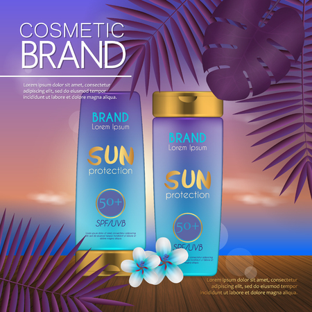Summer cosmetic template on the sunset beach with exotic palm leaves background. Realistic 3D designのイラスト素材