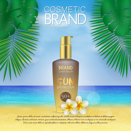 Summer sunblock cosmetic design template on beach background with exotic palm leaves. 3D realistic sun protection and sunscreen product adsのイラスト素材