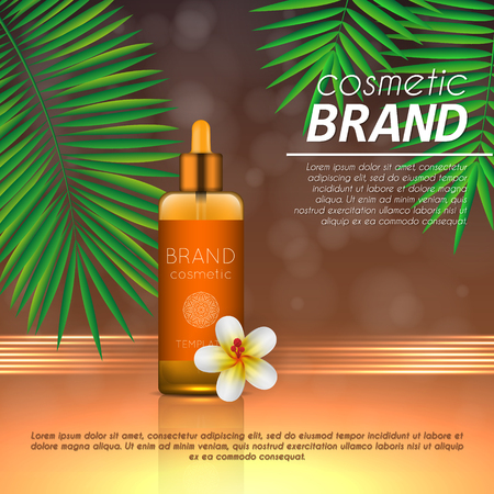 Summer sunblock cosmetic design template on abstract orange background with exotic palm leaves. Realistic sun protection and sunscreen product adsのイラスト素材