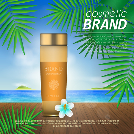 Summer sunblock cosmetic design template on beach background with exotic palm leaves. 3D realistic sun protection and sunscreen product adsのイラスト素材