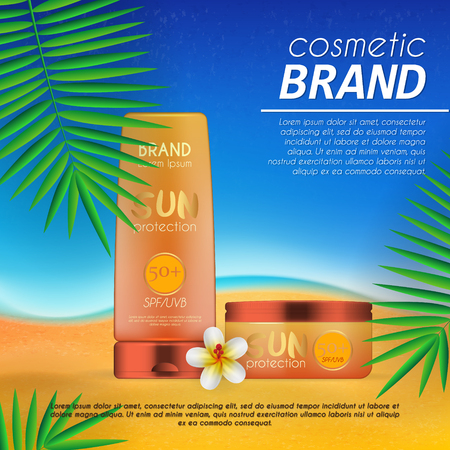 Summer sunblock cosmetic design template on beach background with exotic palm leaves. Realistic sun protection and sunscreen product adsのイラスト素材