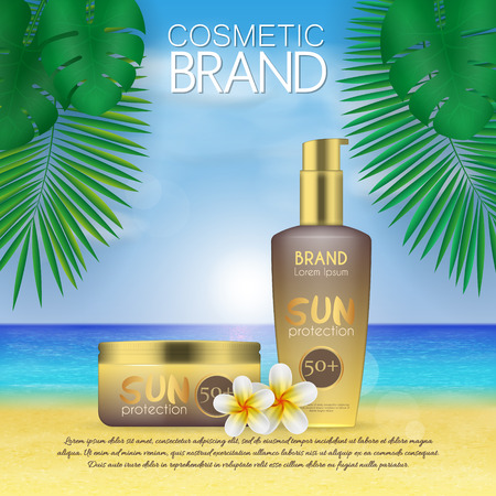 Summer sunblock cosmetic design template on beach background with exotic palm leaves. 3D realistic sun protection and sunscreen product adsのイラスト素材