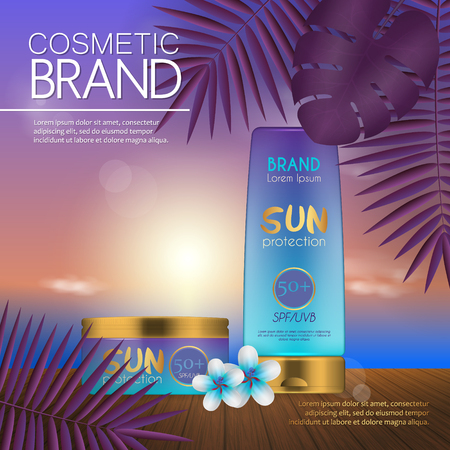 Summer cosmetic template on the sunset beach with exotic palm leaves background. Realistic 3D designのイラスト素材
