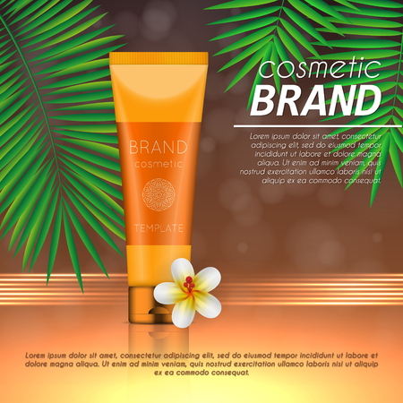 Summer sunblock cosmetic design template on abstract orange background with exotic palm leaves. Realistic sun protection and sunscreen product adsのイラスト素材