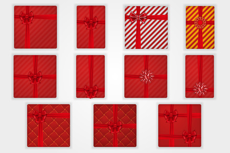 Gift boxes top view set, isolated white background. Red ribbons bow on red giftbox. Decoration element for designのイラスト素材