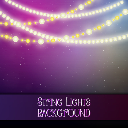 Dark background with decorative string lights. Bright shining light bulbs garlandsのイラスト素材