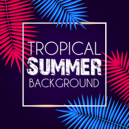 Tropical summer background with exotic neon bright colorful leaves with text spaceのイラスト素材