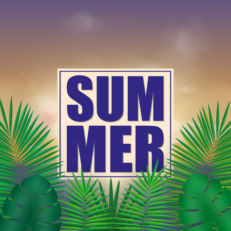 Tropical summer background with exotic green bright leaves with text spaceのイラスト素材