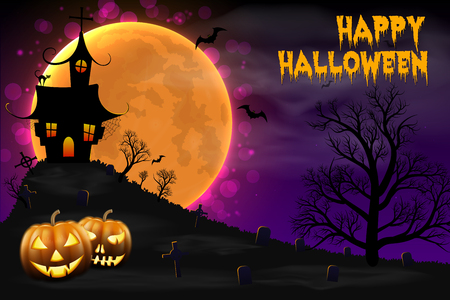 Happy Halloween night background with haunted scary house and full moon.のイラスト素材