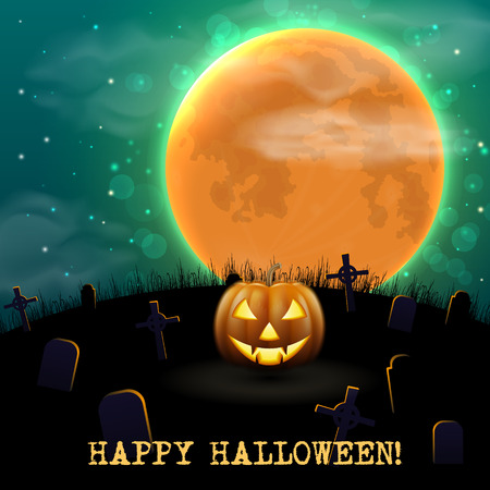 Happy Halloween night background with scary old graveyard and pumpkinのイラスト素材
