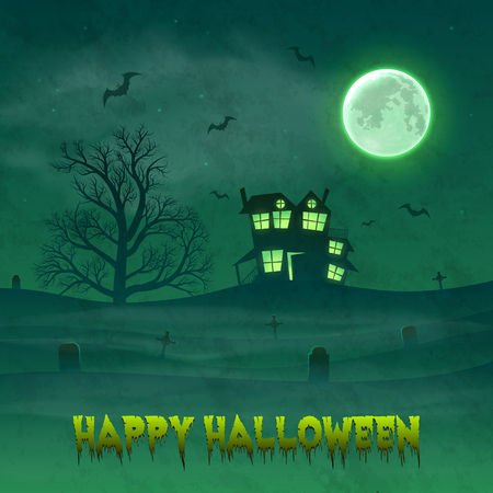 Happy Halloween night background with haunted scary house and full moon.のイラスト素材