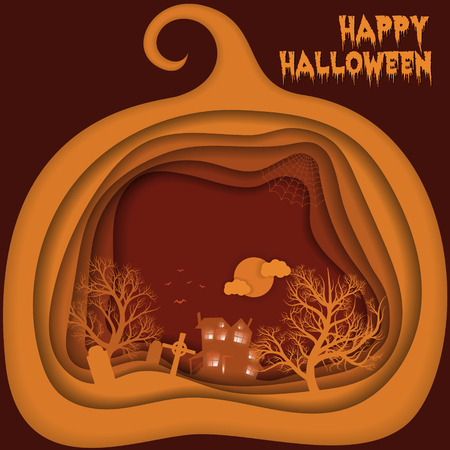 Halloween night background with pumpkin, hounted house and moon. Paper art, carving style. Flyer or invitation template.のイラスト素材