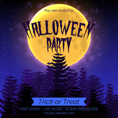 Halloween party invitation poster template with dark forest, full moon and place for text.のイラスト素材