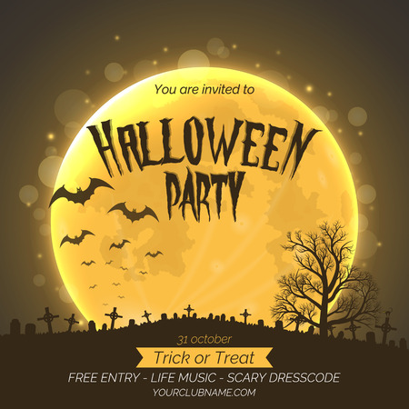 Halloween party invitation poster template with dark forest, graveyard and place for text.のイラスト素材