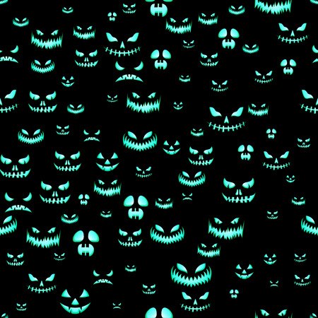 Seamless pattern with Halloween pumpkins carved faces silhouettes on black backgroundのイラスト素材