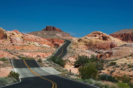 Valley of Fire Road, main road, going through the varicolored rocks of Valley of Fire State Park, located near Las Vegas, USAの写真素材
