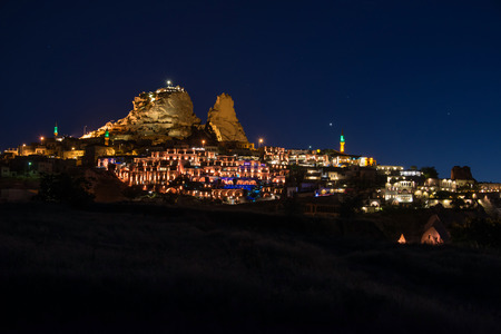 Night view of Uchisar fortress in Cappadocia, a historical region in Central Anatolia in Turkeyのeditorial素材