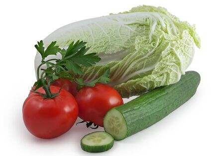 Vegetables - tomatoes, cucumber, celery cabbage, parsleyの写真素材