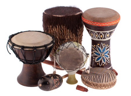 African ethnic percussion instruments from different  African countries isolated on whiteの写真素材