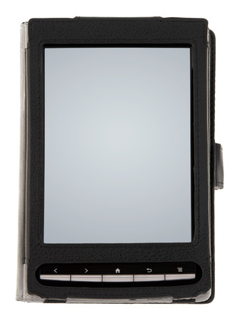 Black e-book with blank screen in a cover isolated on whiteの写真素材