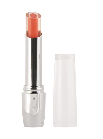 Unusual red translucent lipstick isolated on white backgroundの写真素材