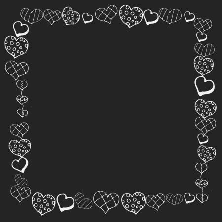 Black background and white doodle simbols in vector. Cute cartoon drawing frame with heartsのイラスト素材