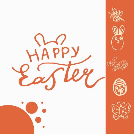 Bright doodle design vector greeting card for Easter celebration. Illustration in blue colour with hand drawn lettering Happy Easter and ornament from eggsのイラスト素材