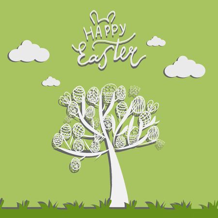 Easter greeting card in countries design doodle style. Eggs , trees and lettering Happy Easter. のイラスト素材