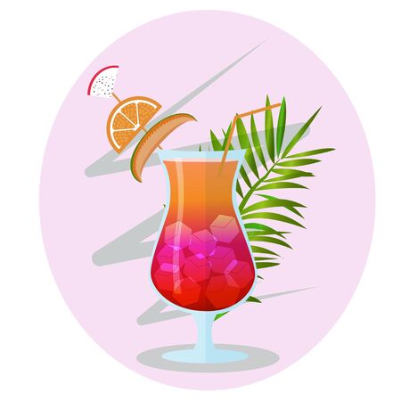 Fresh, bright, colorful composition of cocktail in vector design Decorated tropical plant, dragon fruit, orange. Isolated on white background. Relax, celebration conceptのイラスト素材