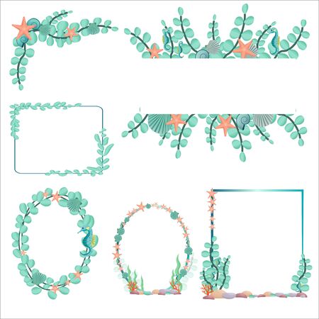 Set from six different various frames in marine, underwater style in vector design. Graphic colorful elegant composition. Isolated on white background. Decorated with seahorse, starfish, seashell.のイラスト素材
