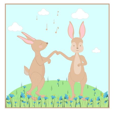 Two cute rabbits characters dancing on lawn in vector design. Decorated with flowers and grass. Cartoon childish Illustration. Simple clipart.のイラスト素材