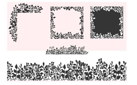 Set from different doodle floral frames and decorations, border seamless pattern in vector design. Dark elements, objects isolated on white background. Stylish collection decor and design.のイラスト素材
